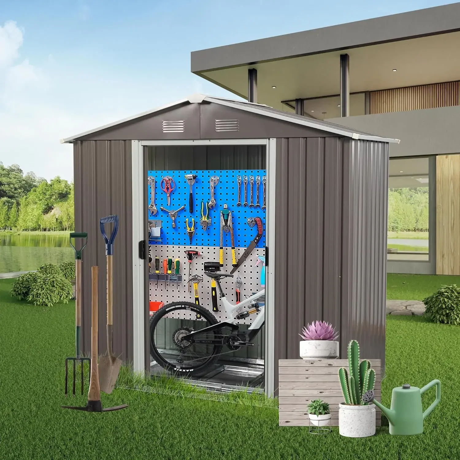 Sealamb Outdoor Metal Storage Shed, Metal Garden Shed Steel Tool Shed Storage House For Bike,Tools, Outdoor Storage Cabinet