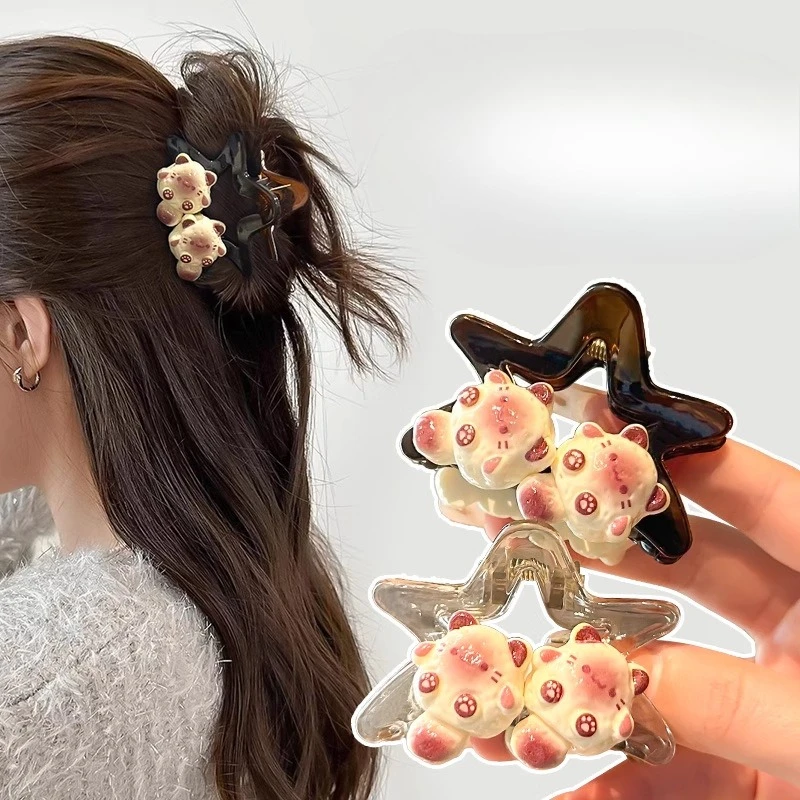 

Cute Cartoon Cat Hair Claw Women Girls Transparent Pentagram Shark Clip Creative Geometic Hair Grab Clip Girls Hair Accessories