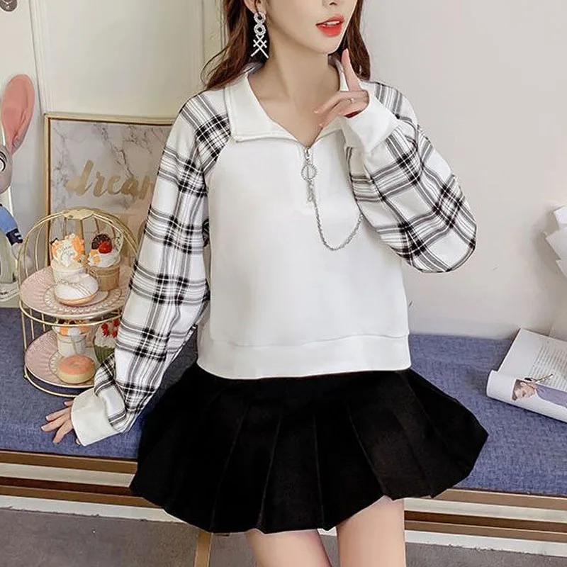 New Autumn Fashion Trend Patchwork Plaid Zipper Stand Neck Short Loose and Versatile Westernized Women\'s Long Sleeved Sweater