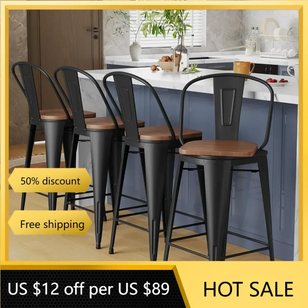 

Swivel Metal Bar Stools Set of 4 High Back Counter Height Barstools Industrial Dining Bar Chairs with Large Wooden Seat-Matte