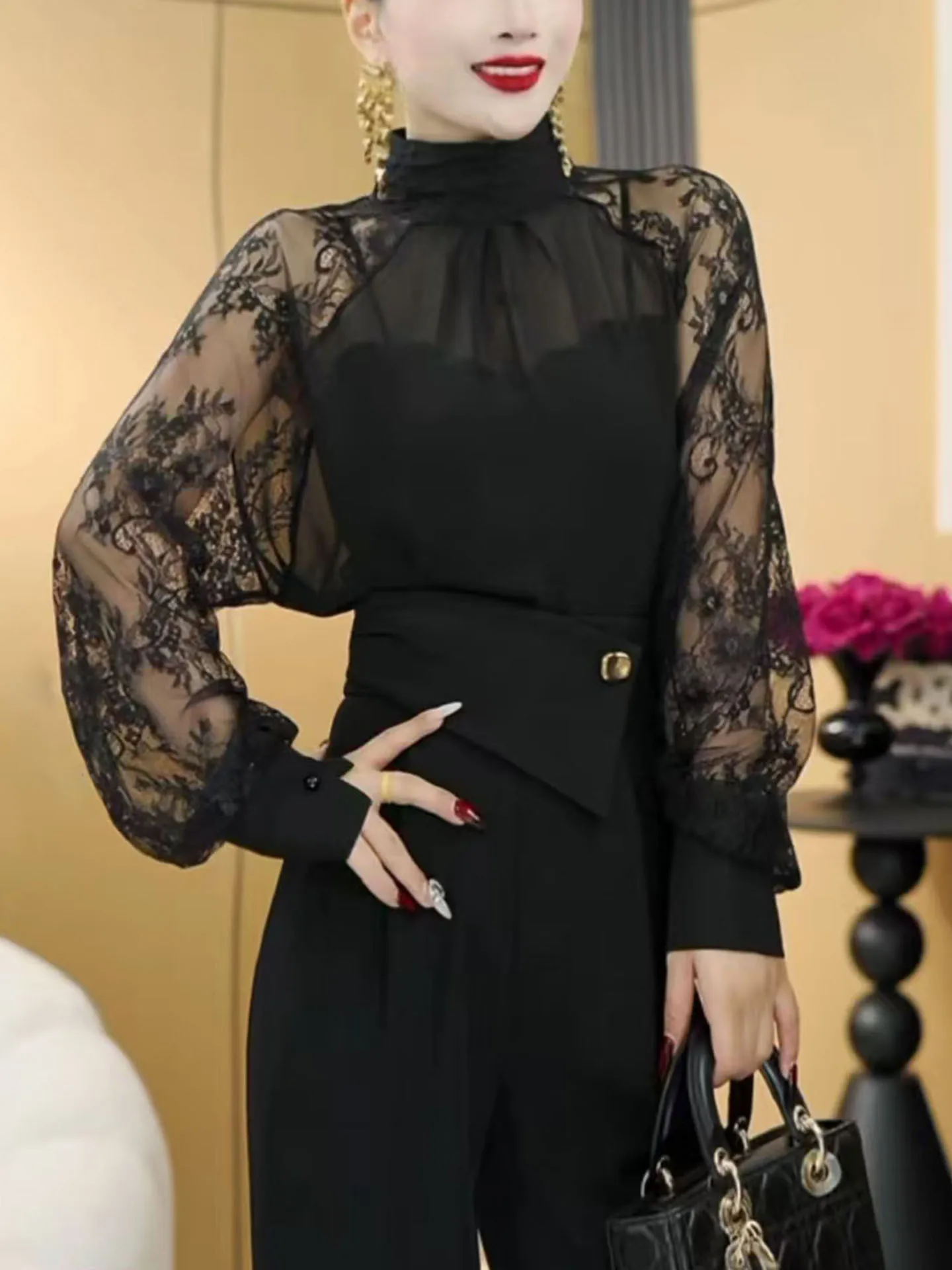 

Ele Lace Splice f High Collar Women's irt Sexy Hollow out Slimming Top Faionable Spring Autumn New Arrival