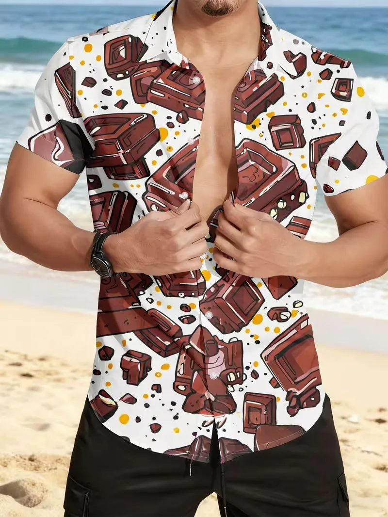 Heart Chocolate Print Hawaiian Shirt For Men Summer Vacation Short Sleeve Button Down Beach Shirts Casual Surfing Shirt Tops