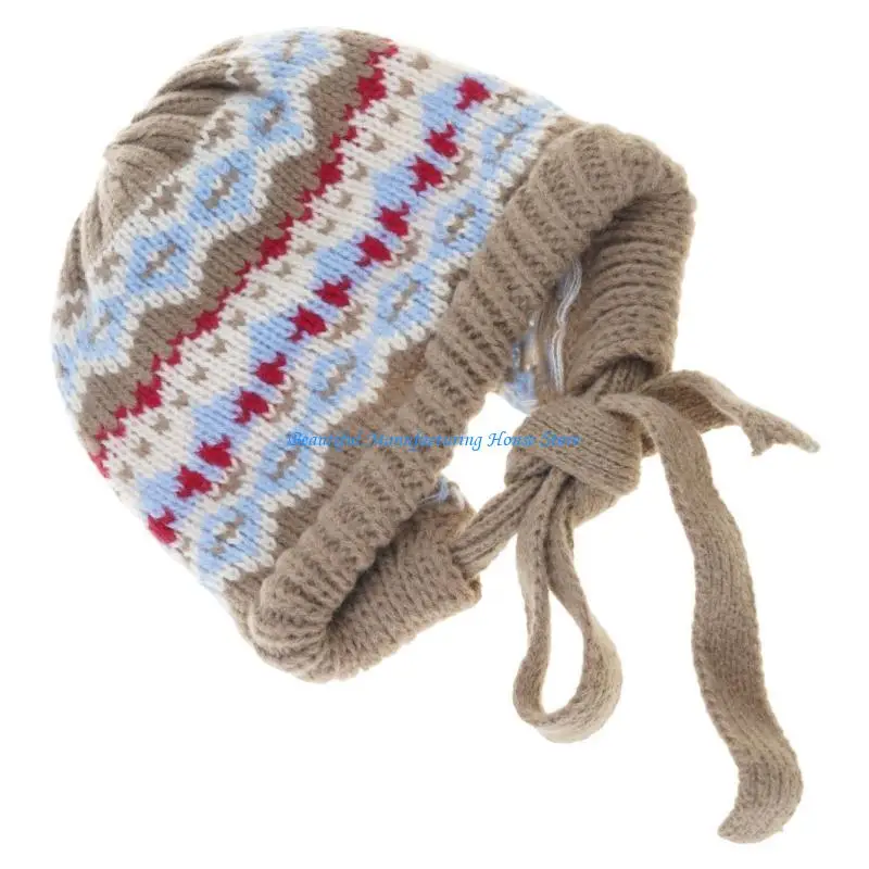 E56A Striped Skull Hat for Women Girl Popular Crochet Ear Flap Hat Ethnic Pullover Hat Winter Warmth Hat Outdoor Headpiece