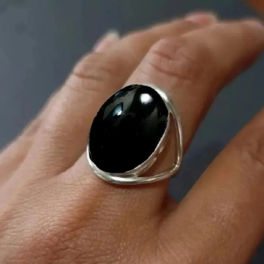 Classic Promise Ring Set with Gemstone Egg Shape Black Stone Turquoise Jewelry