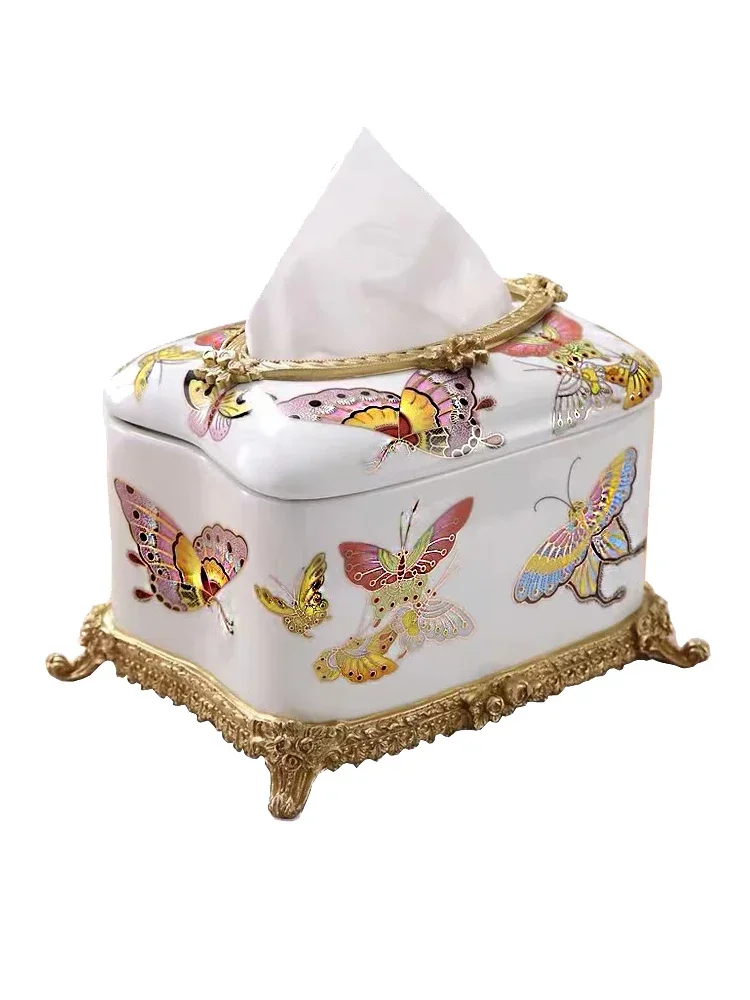 Luxury ceramics with copper wrapped porcelain tissue box light luxury villa soft retro inlaid copper drawer decoration