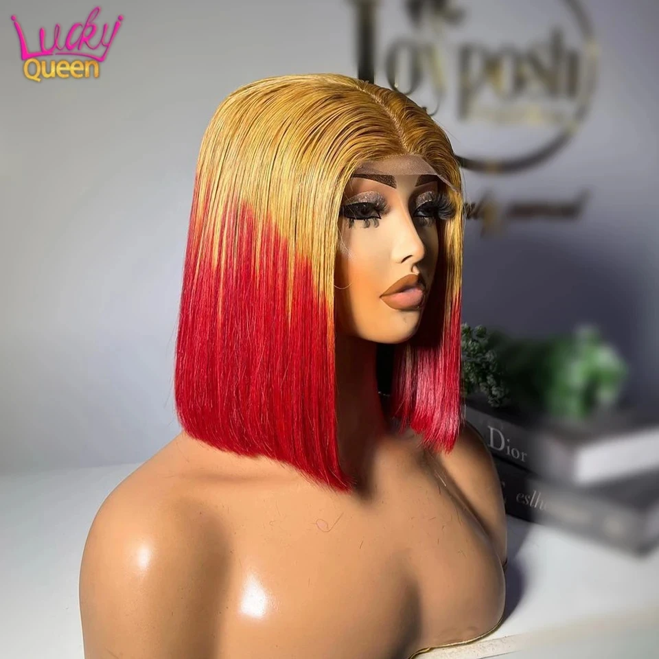 

Прямые светлые волосы омбре с красным Бобом, человеческие волосы, Короткие 13x4, прозрачные кружевные передние парики боб, искусственные волосы для женщин