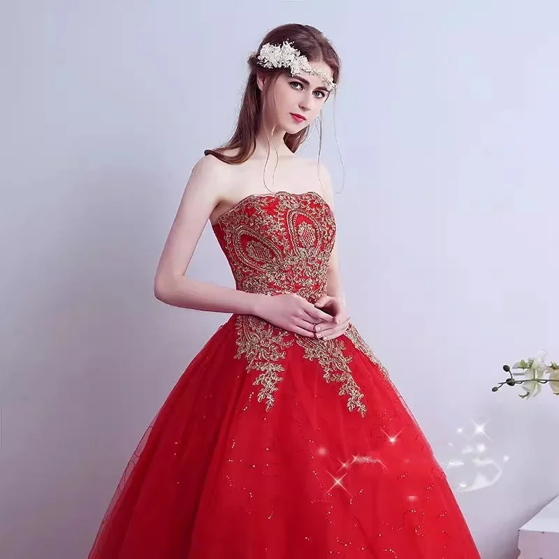 Cheap Red Weddding Dresses Bling Golden Appliques Strapless Lace up Princess Floor-length Plus size Bride Ball Gown Simple XN015