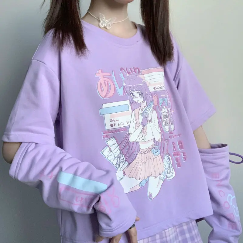 Janpanese Girl Anime Printed T-Shirt Summer Cute Splicing Y2k Tops Women Purple Clothes Two-dimensional Streetwear Kawaii Tees