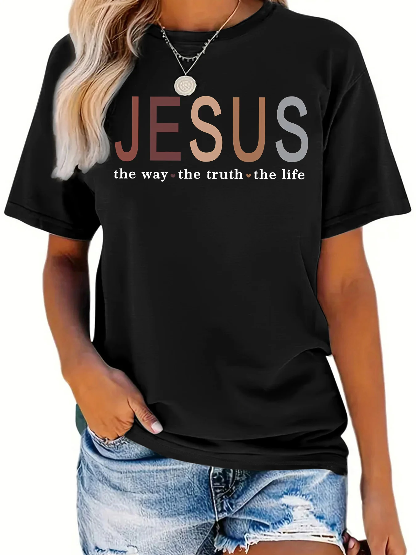 Jesus The Way The Truth The Life Print T-shirt, Casual Short Sleeve Crew Neck Fashion Summer T-Shirts Tops, Women\'s Clothing