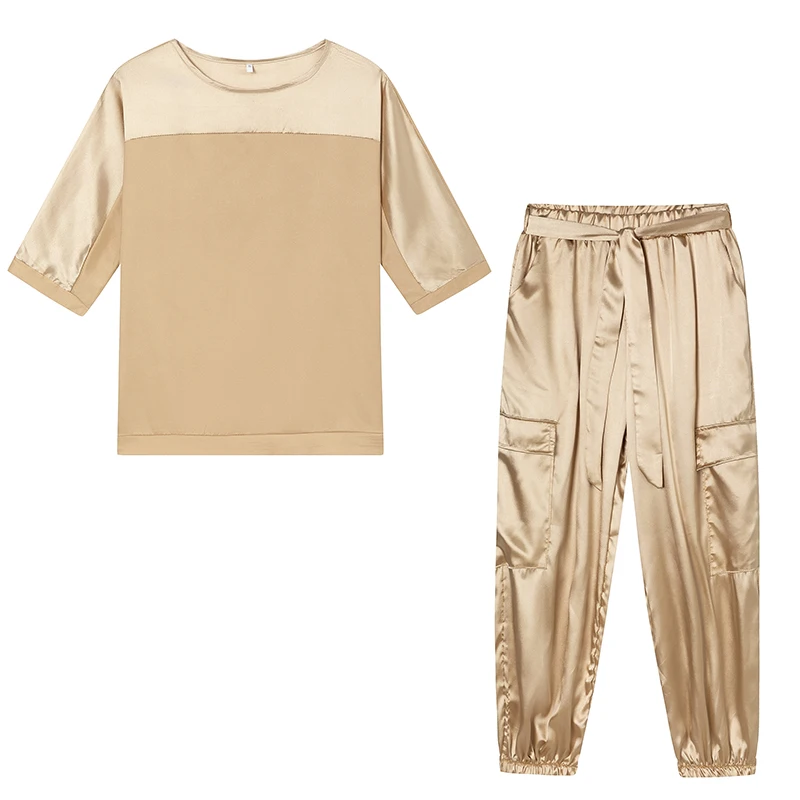 2024 Europäisches und amerikanisches grenzüberschreitendes neues modisches Damen-Kleidungsset aus glattem Satin mit halben Ärmeln, zweiteiliges Freizeit-Set – Detail 8