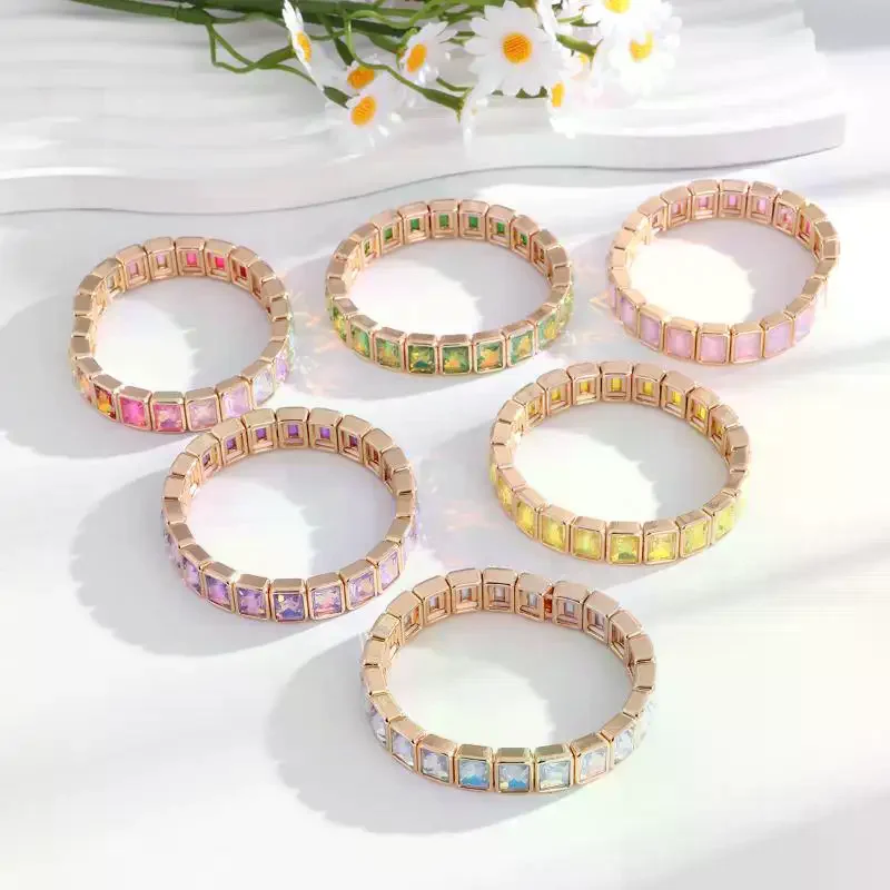 New Arrivals Geometric Bohemian Rainbow Glass Crystal Stretchy Stretch Tennis Bracelet Fashion Gold Plated Jewelry For Women