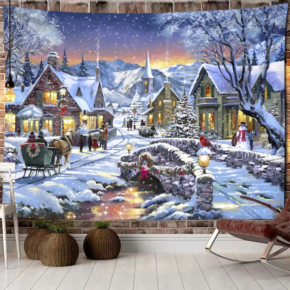 Christmas Woods Snow Scene Tapestry Wall Hanging New Year Gift Elk Bohemian Style Bed Curtain Dormitory Home Decor