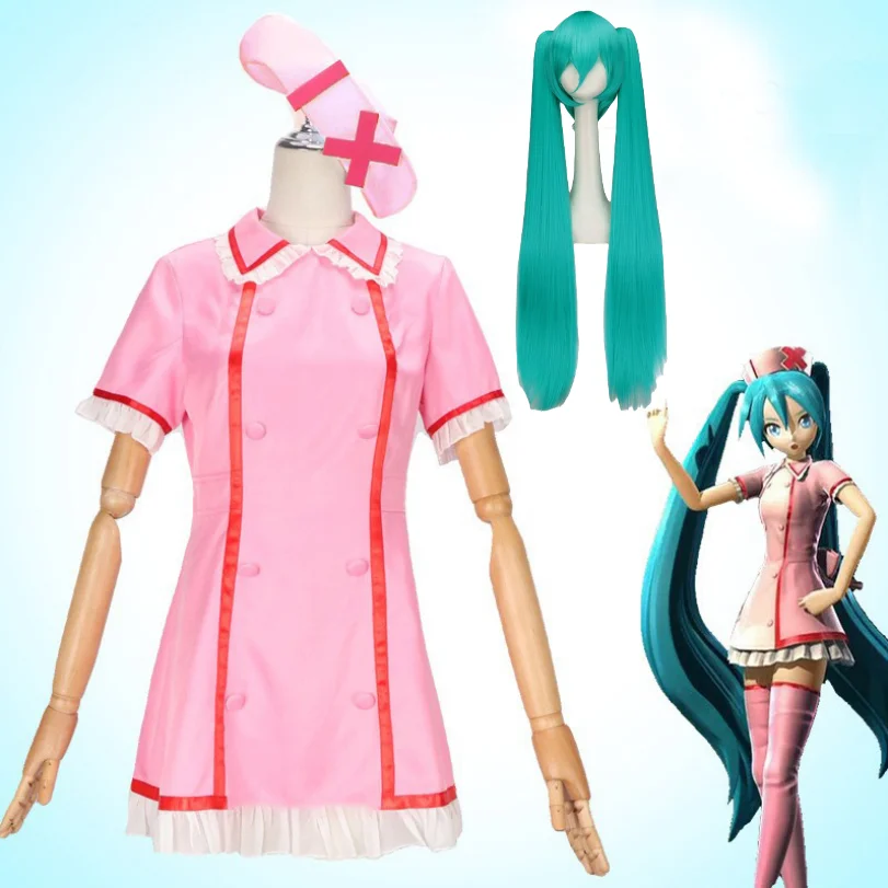 

Anime Vocaloid Miku Cosplay Pink Nurse Dress Women Uniform With Hat Socks Halloween Party Costumes Cute Dress Wig Socks Outfit