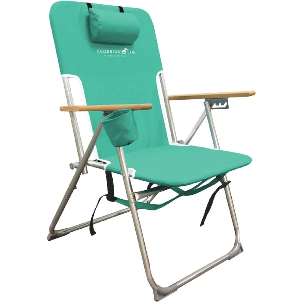 Caribbean Joe Folding Beach Chair, 4 Position Portable Backpack Foldable Camping Chair with Headrest, Cup Holder, and Wooden