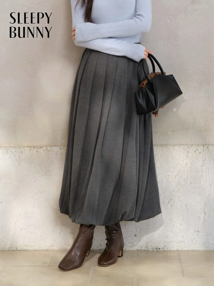Elegant High Waist Pleated Skirt Wool-Like Midi A-Line Skirt Vintage Gray Flowy Puff Hem Skirt for Women Casual Sweet Outfit