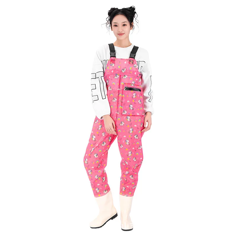 

Ladies' Red PVC Wader with White Pony Print Waterproof Fly Fishing Pants Breathable Fisherman Bib with Pocket and Bootfoot