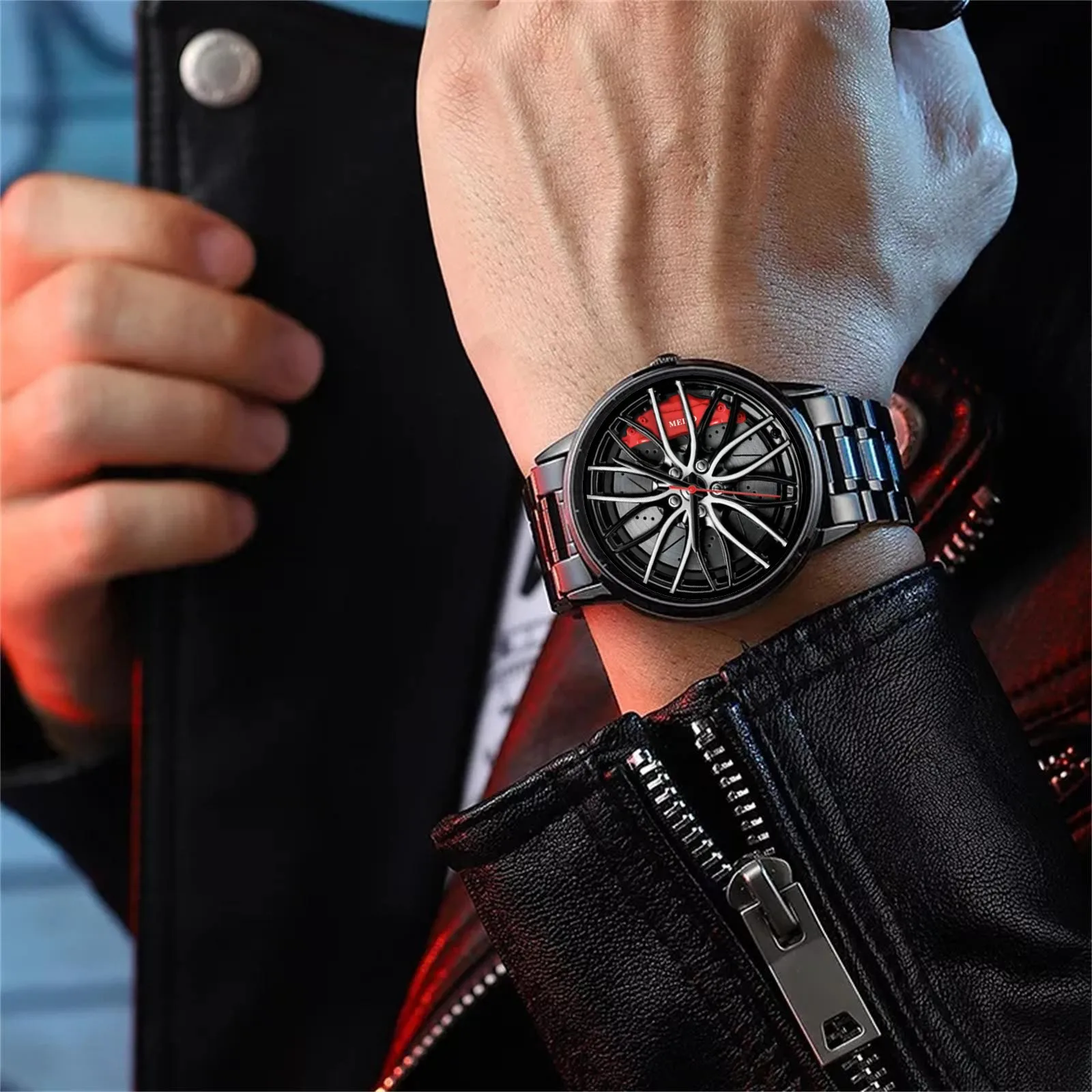 2025New Men Fashion Hot Sell Car Rim Wristwatch Rotating Wheel Rim Dial Watches Stainless Steel Waterproof Sport Quartz Clock