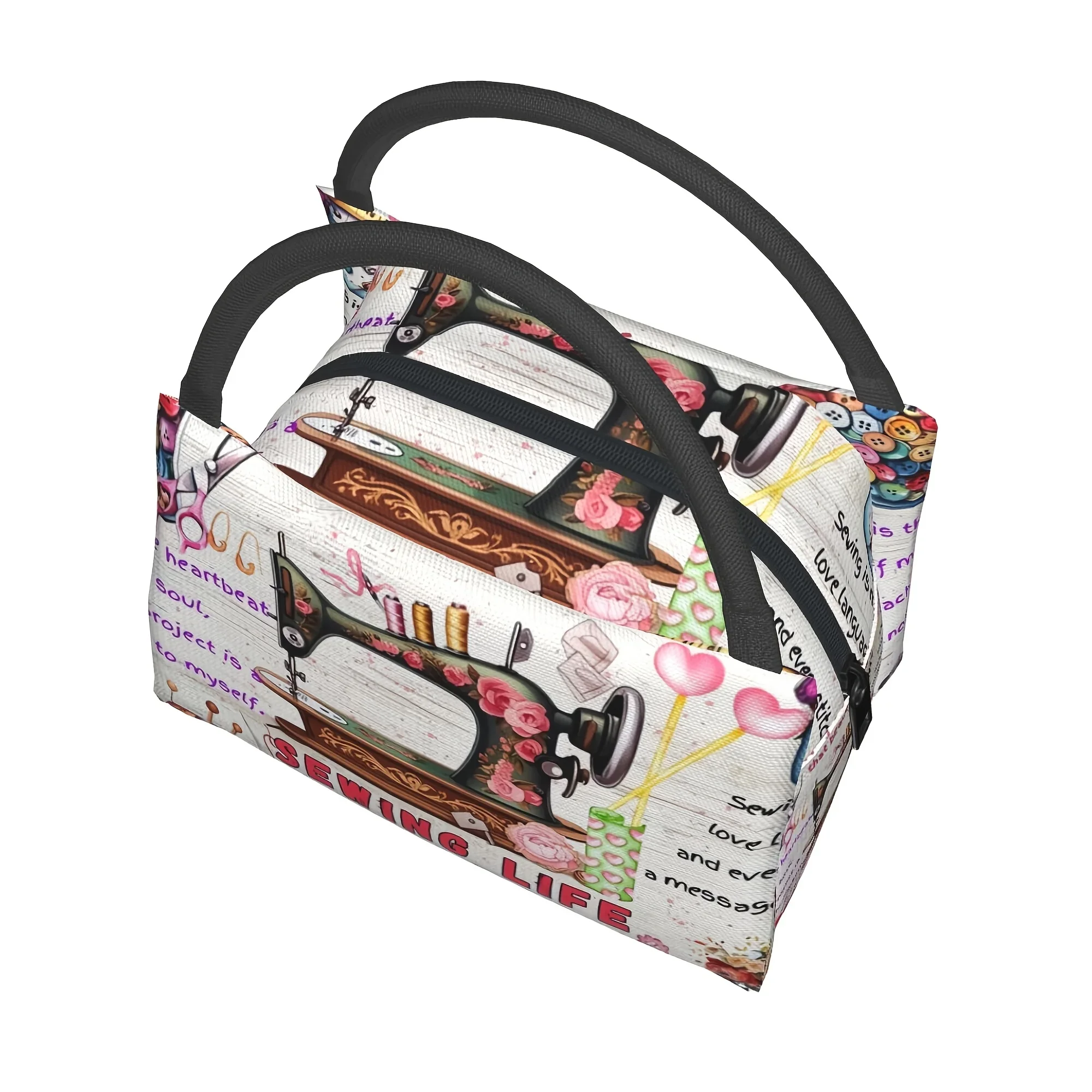 1pc Happy New Year Sewing Machine Text Pattern, Portable Reusable Cooler Bag, Insulated Bag, Insulated Lunch Bag