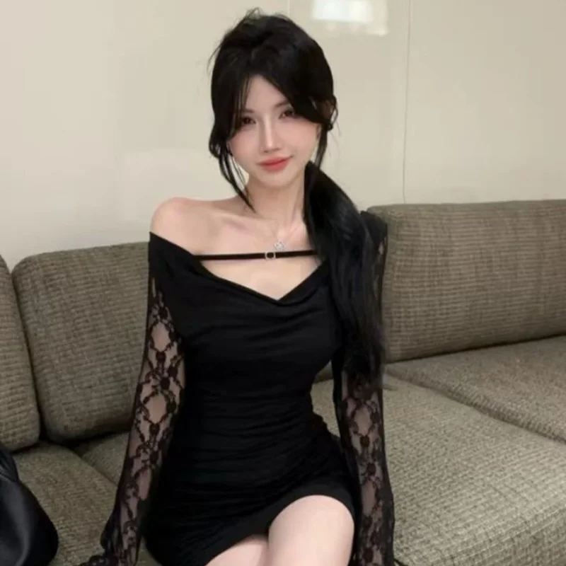 Vestidos de manga comprida feminino crisxmas primavera boêmio crochê bloqueando vestido de renda em camadas artístico fofo cottagecore simples