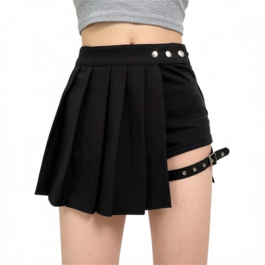 Y2k Punk High Waist Pleated Skirt Summer Side Split Belted A-Line Mini Skirt With Inner Shorts Gothic Women Skirt