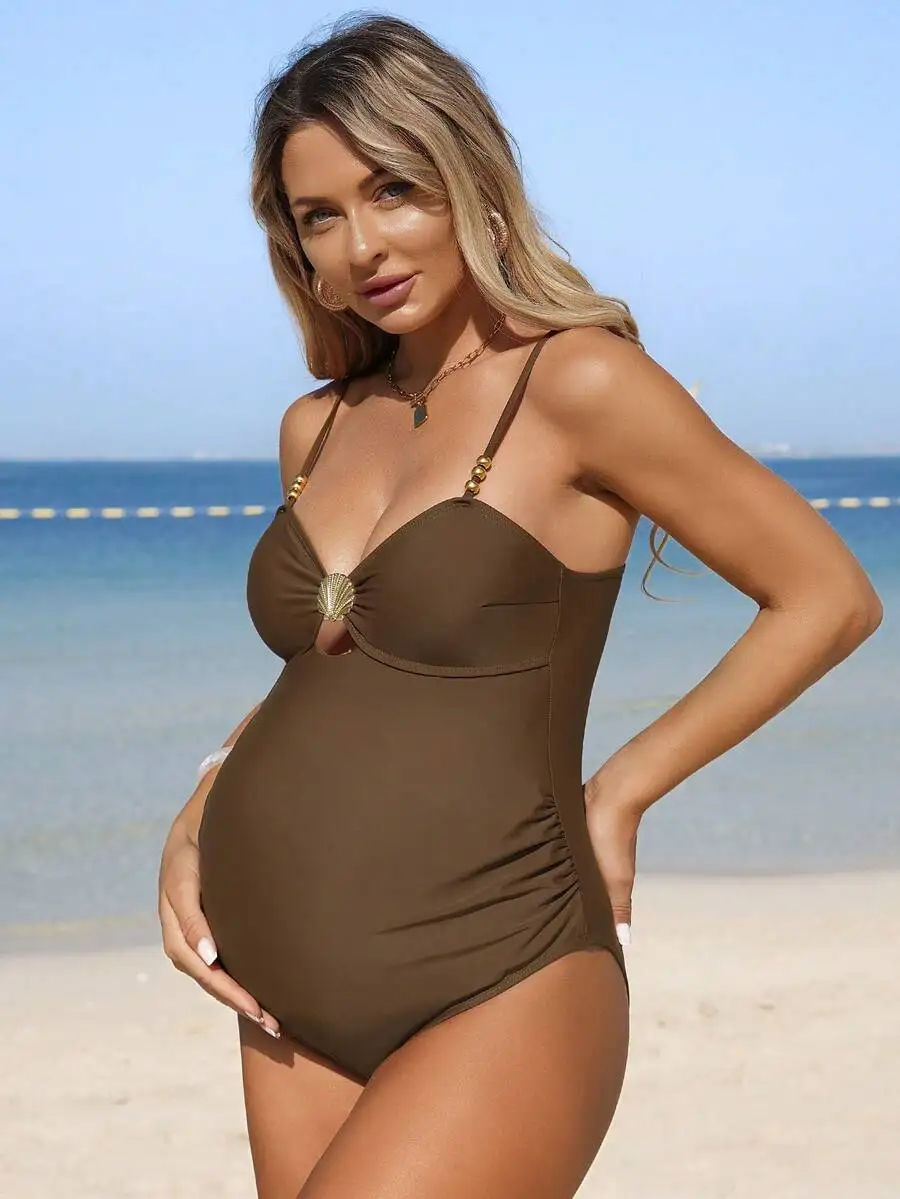 

Brown Maternity One Piece Swimsuit With Shell Detail Comfortable Beach Vacation Swimwear