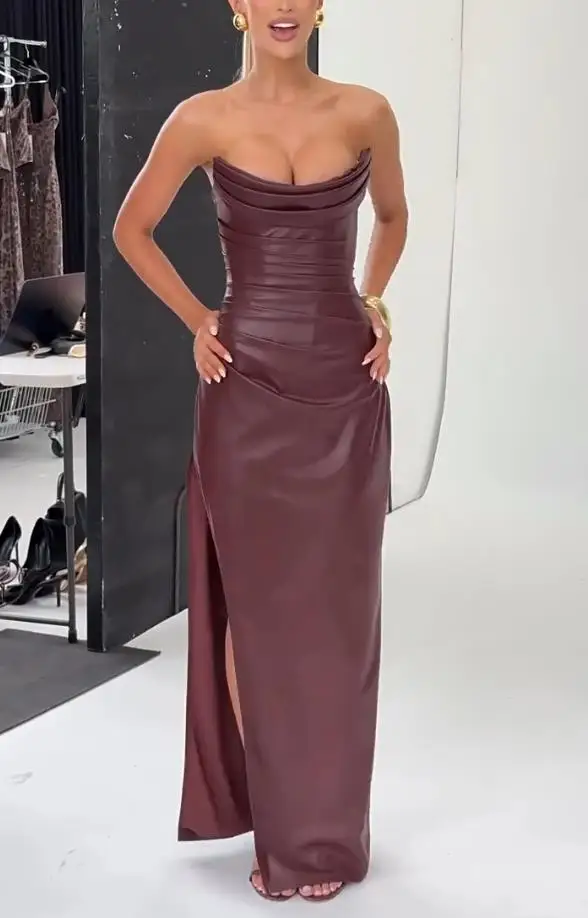 

Womens Dresses 2025 Spring New Solid Color Sleeveless Bandeau Back Lace Up Sexy Side Slit Ruched Temperament Elegant Long Dress