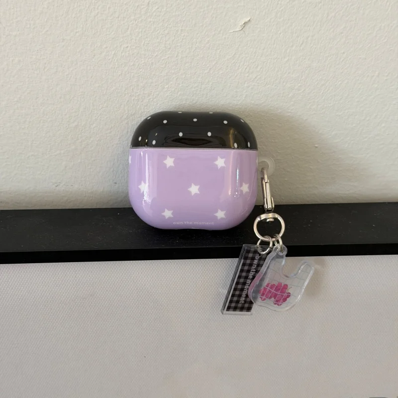 Cute Purple Star Black Polka Dot Earphone Case with Grape Charm for Airpods 1, 2, 3, 4, Pro, Pro2, Pro3