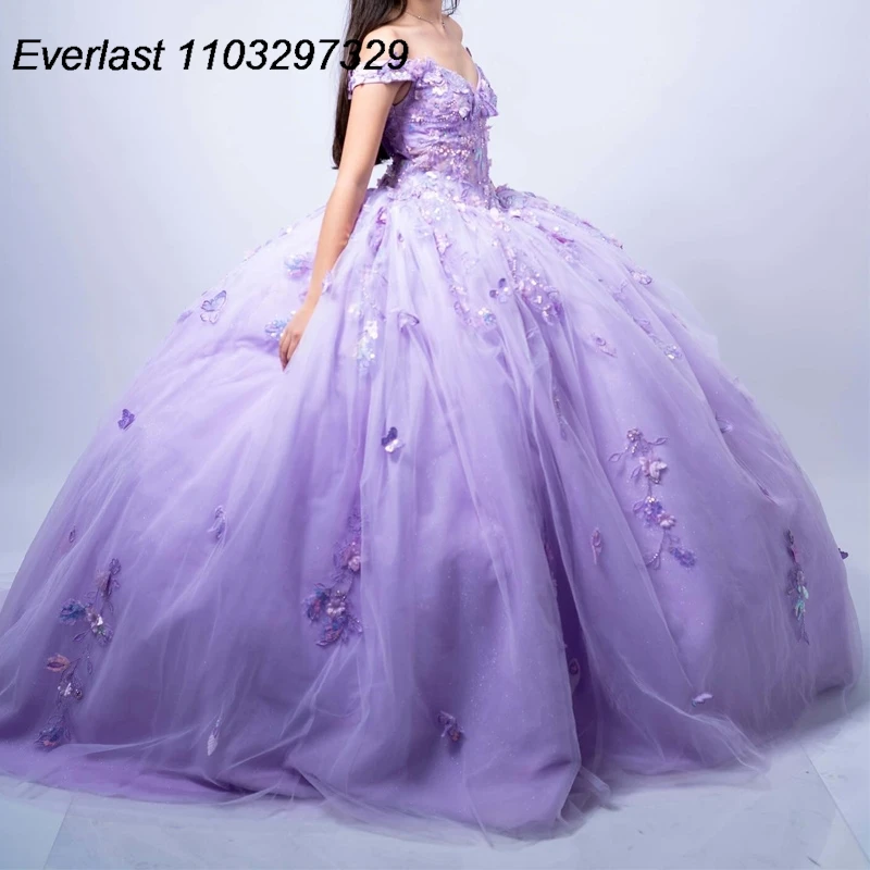 

EVLAST Mexican Lavender Quinceanera Dress Ball Gown Floral Applique Beading Off Shoulder Sweet 16 Vestidos De 15 Anos TQD890