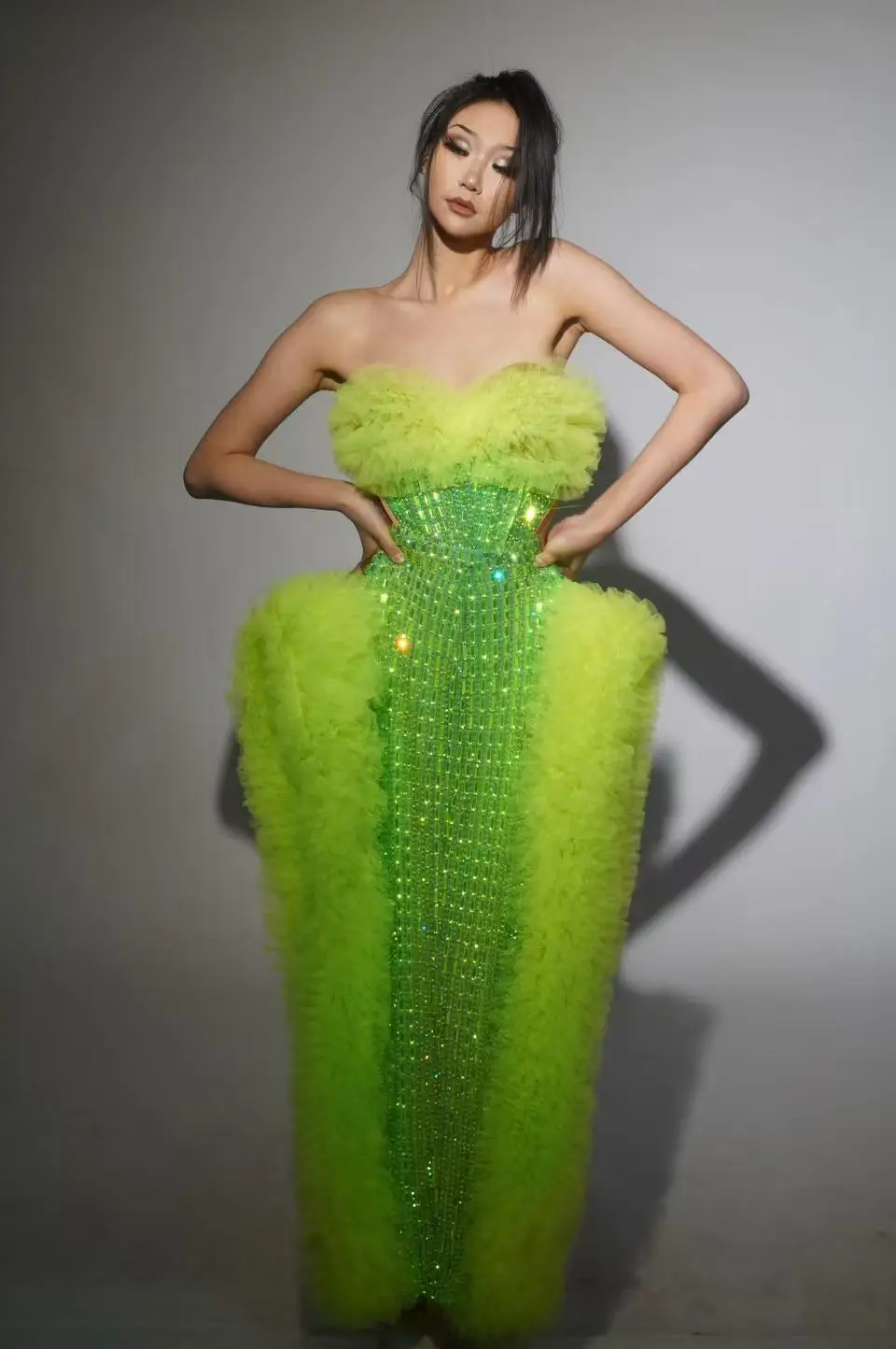 Vestido de festa verde novo sexy vestidos longos glitter traje de palco feminino gogo roupas de dança drag queen outfit festival roupas y381