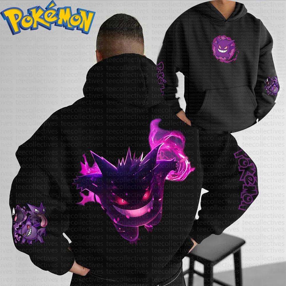 Pokemon anime gengar algodão hoodie cor preta personagem impressão com roxo fantasma brilhante efeito de energia padrão casual streetwear