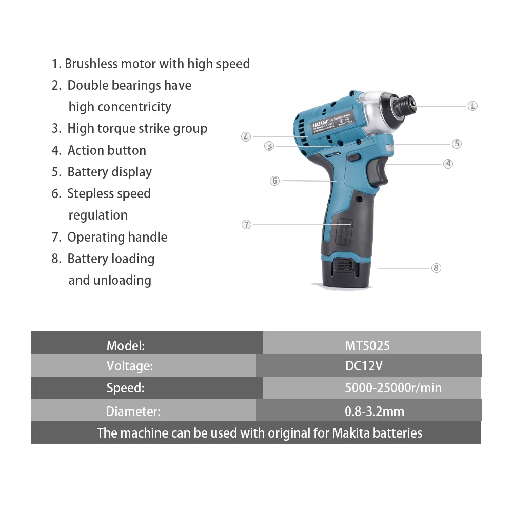 2000mAh for Makita Battery 12V 120Nm Cordless Electric Screwdriver Adjust Torque Wireless Electric Impact Drill DIY Power Tool