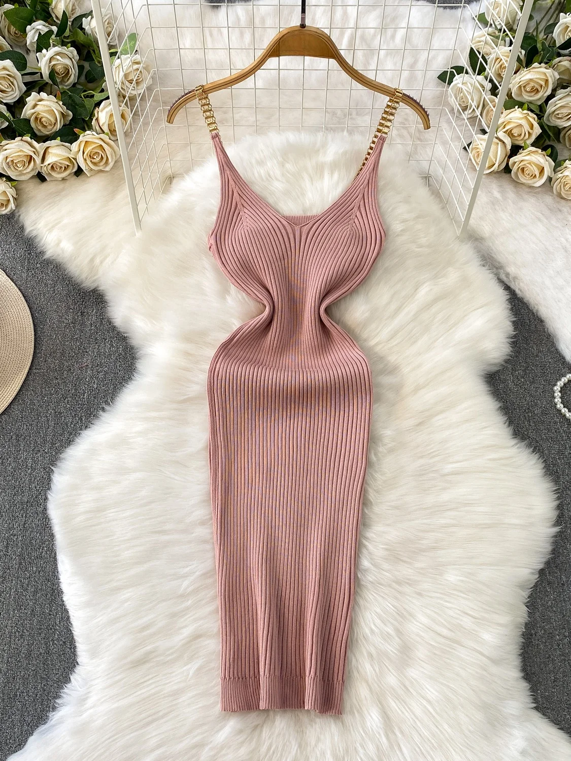 

Sexy V-ne Strap Knitted Dr Women's Autumn Winter Elastic Slimming Mid-length Skirt High Waist Pure Color Ci Commute