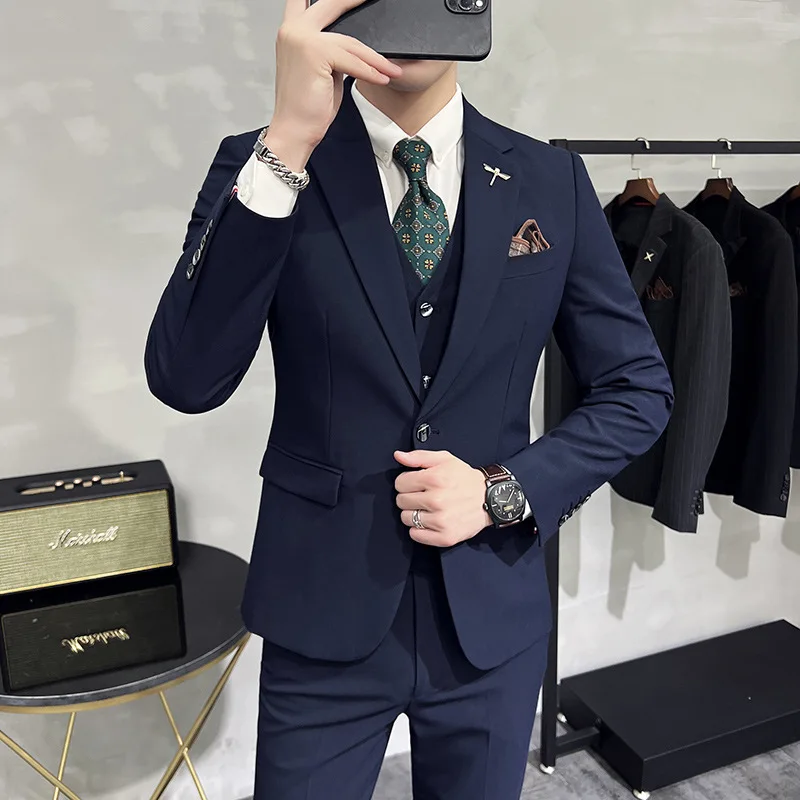 Fashion Elegant Social Formal Set Solid Men's Business Casual Suit Jacket + Vest + Pants Three Piece Suit Groom's Wedding Set