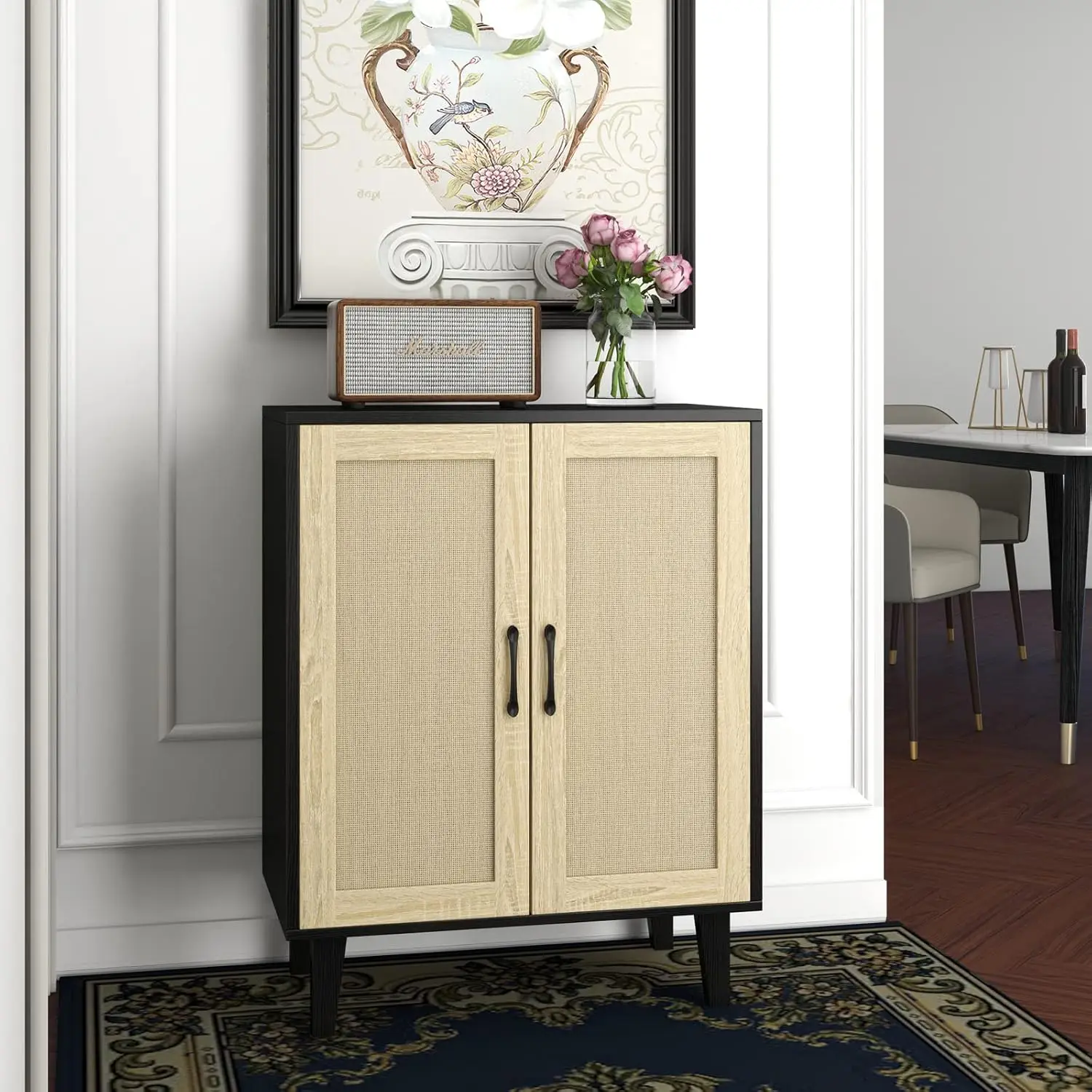 

Buffet Cabinet Sideboard with Rattan Decorated Doors Kitchen Storage Cupboard Accent Cabinet