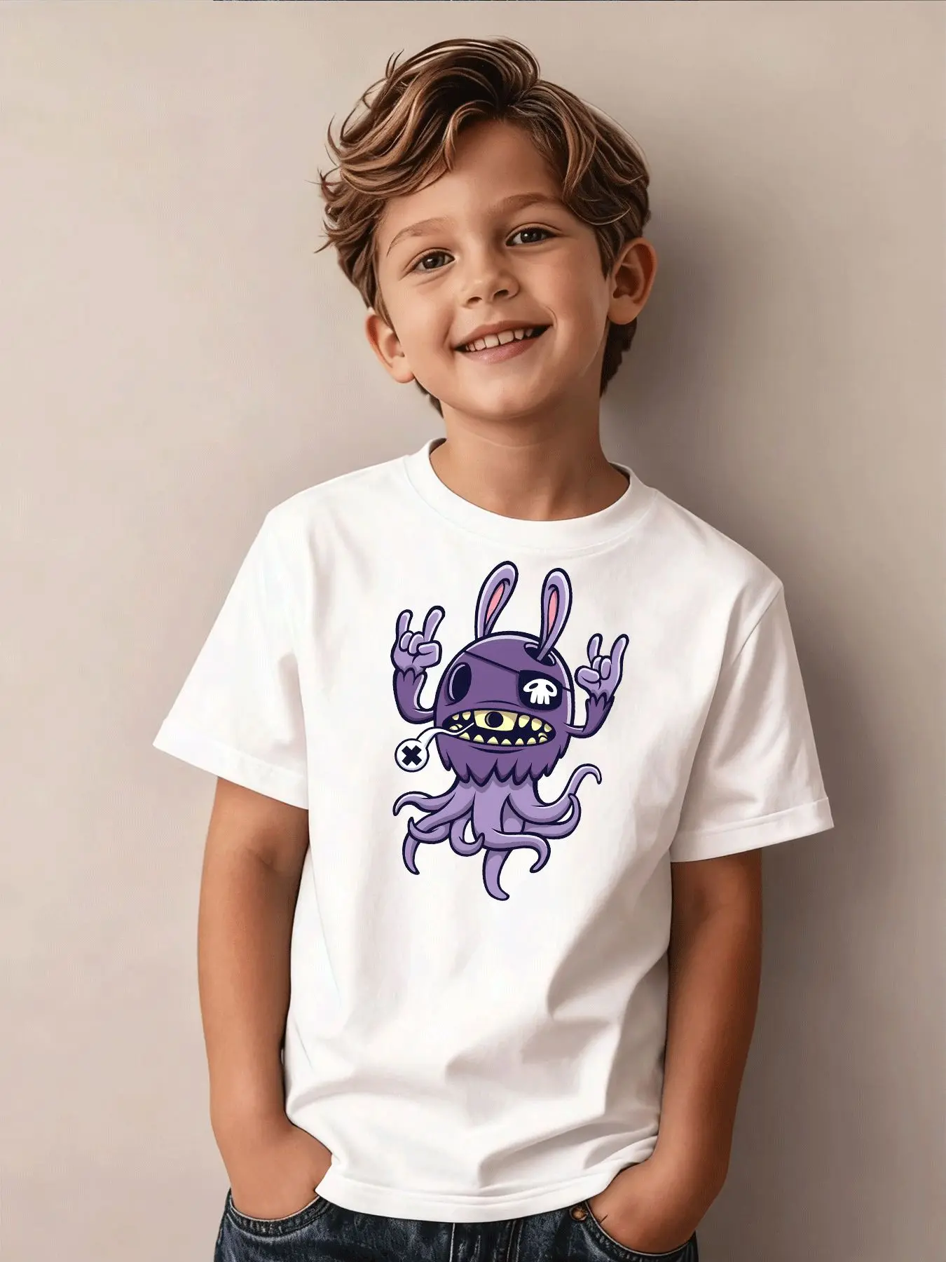 Children's Fashion T-shirt Cartoon Purple Monster with Rabbit Ears and Skull Pattern Printed Outdoor Casual Parent Child Top
