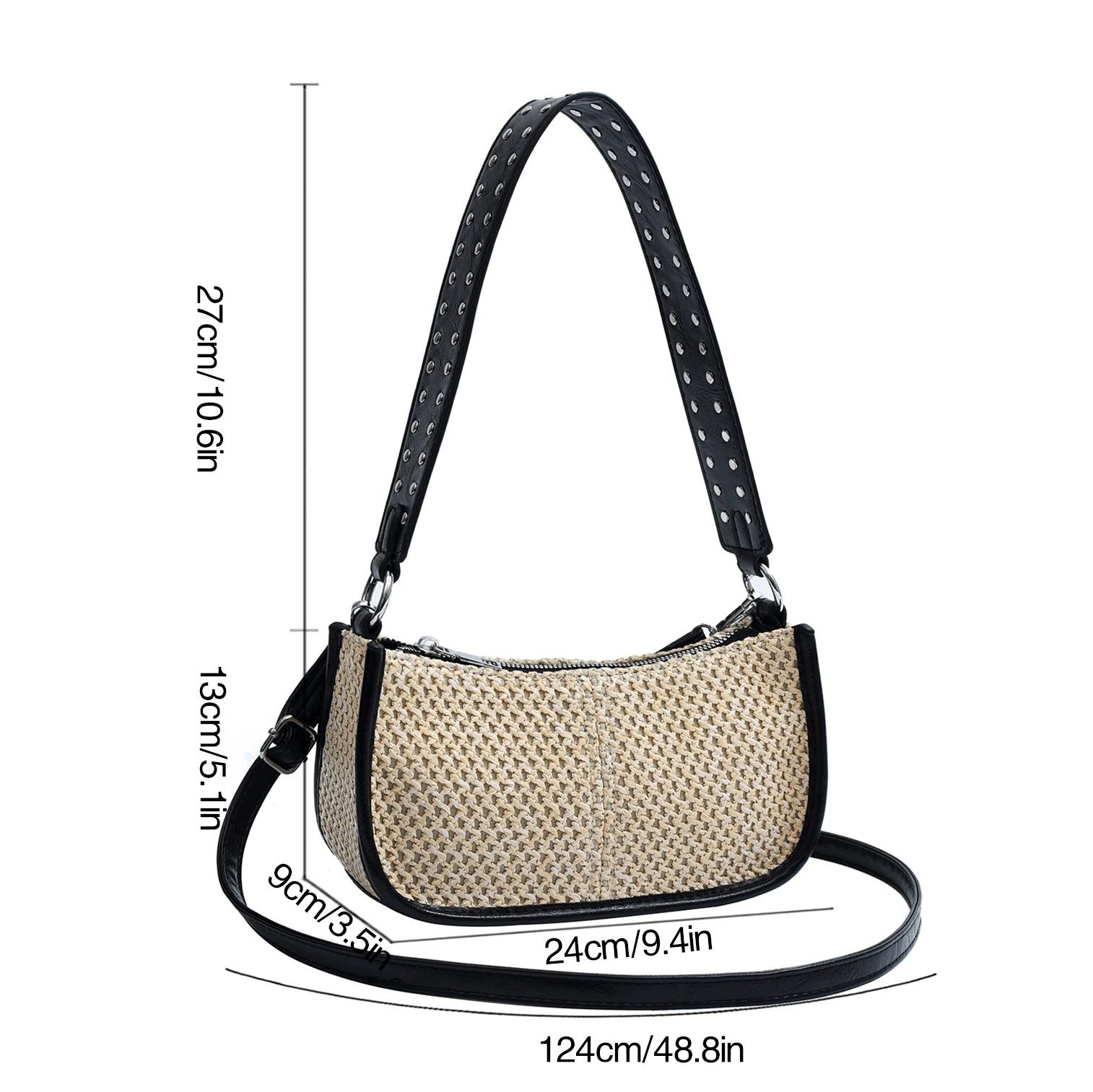 2024 Zomer Strotas Voor Dames Franse Stijl Onderarm Schoudertas Brede Riem Handtas En Tas Luxe Klinknagel Geweven Crossbody Tas