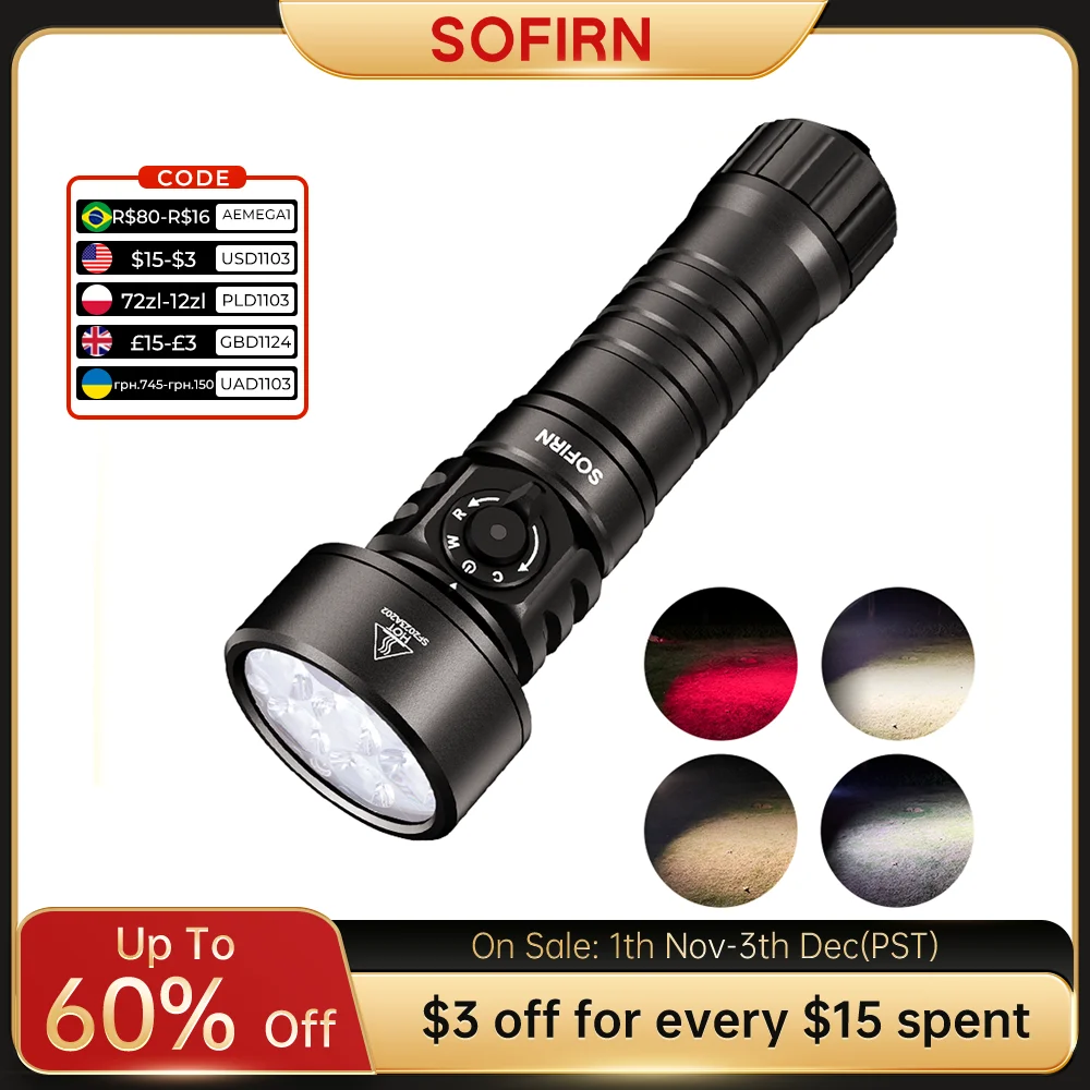 Sofirn SD11 Diving Flashlight 5000lm Scuba Light White&Red LED 26800 7500mah USB C Rechargeable IPX8 Waterproof Torch Throw 224m