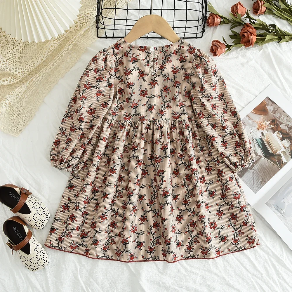 Autumn Promotion Casual Countryside Style Round Neck Long Sleeve Color Blocked Flower Printed Dress