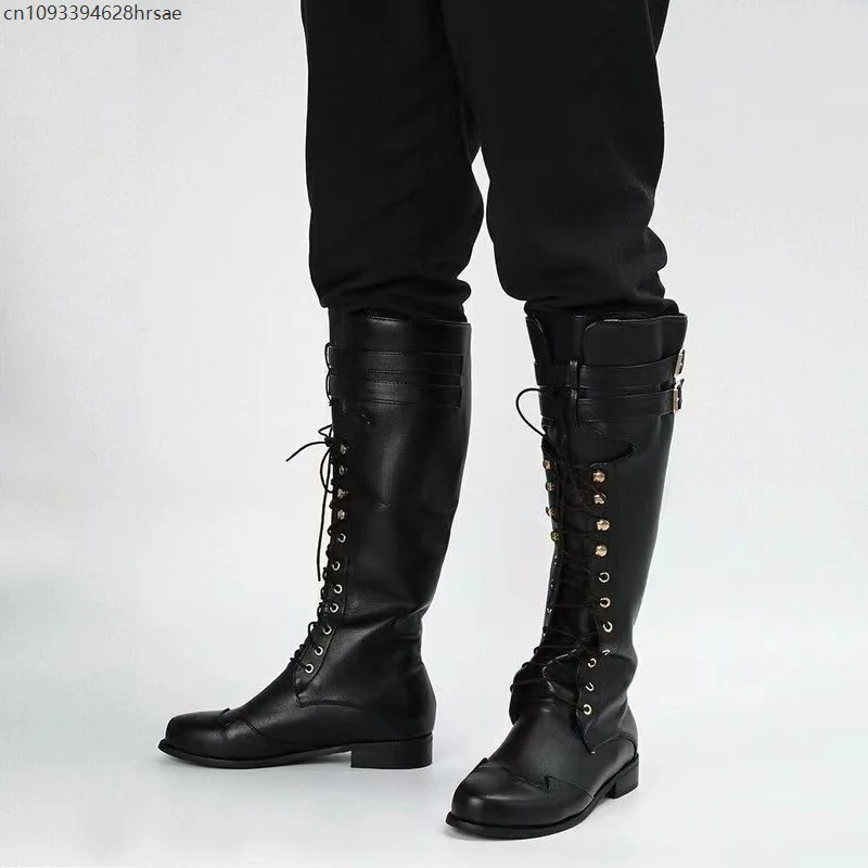 Motorcycle Retro Lace-Up Boots Plus Size Men's Motorcycle Footwear Medieval Cool Punk Cosplay Pirate PU Leather High Shoes