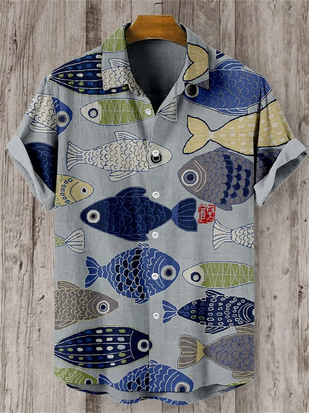 

Vintage Fish 3D Print Hawaiian Short Sleeved Lapel Button Up Cardigan Shirt, Linen Blend, Comfortable, Casual, Japanese Art