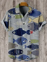 Camisa hawaiana de manga corta con estampado 3D de pez Vintage, cárdigan con solapa y botones, mezcla de lino, cómoda, informal, arte japonés