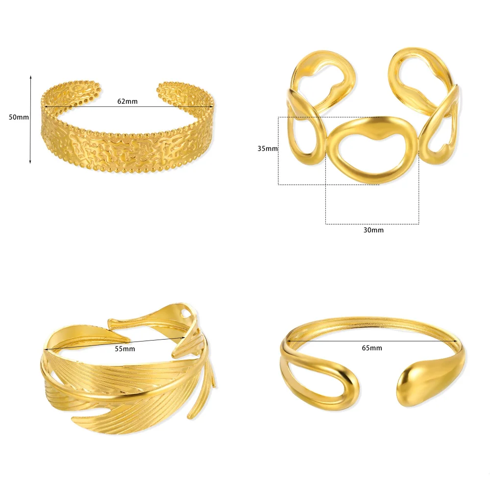Classico braccialetto con apertura a geometria a foglia grossa per donna Bracciale con polsino Regalo con ornamento a mano in acciaio inossidabile color oro