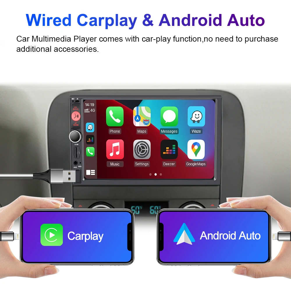 LEHX 7 Inch  2Din Android Auto Carplay Car Radio Multimedia Player FM AUX BT MirrorLink Universal Car Audio  HD Touch Screen