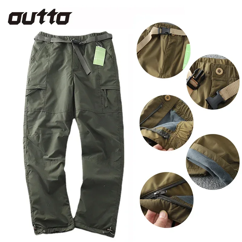 Outdoor Waterproof Windproof Plush Soft Shell Pants Men Multi-pockets Straight Overalls Hiking Camping Hunting Climbing Trousers