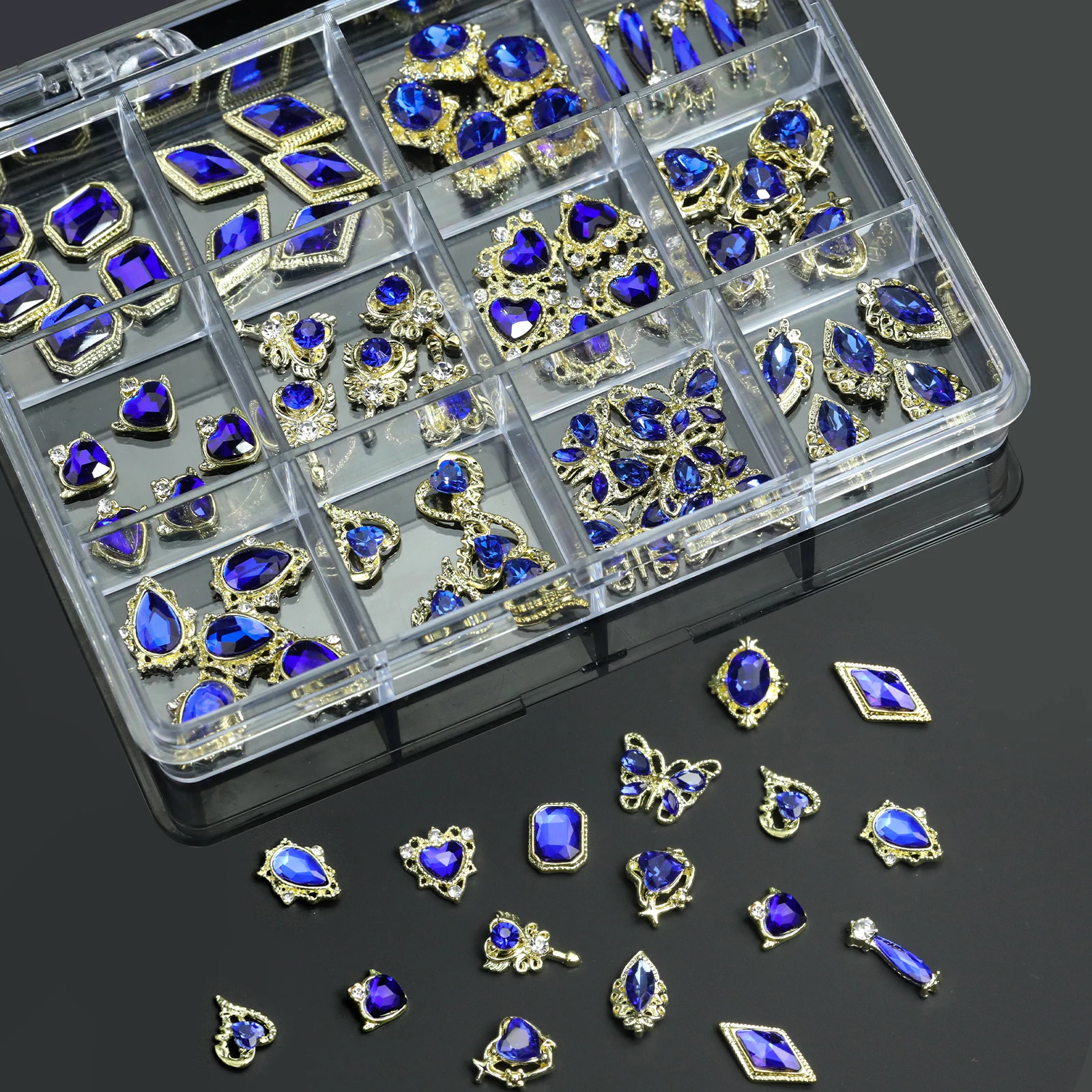 12-grid luxury alloy Klein blue glass diamond nail charms various styles of nail rhinestones suitable for DIY nail decoration