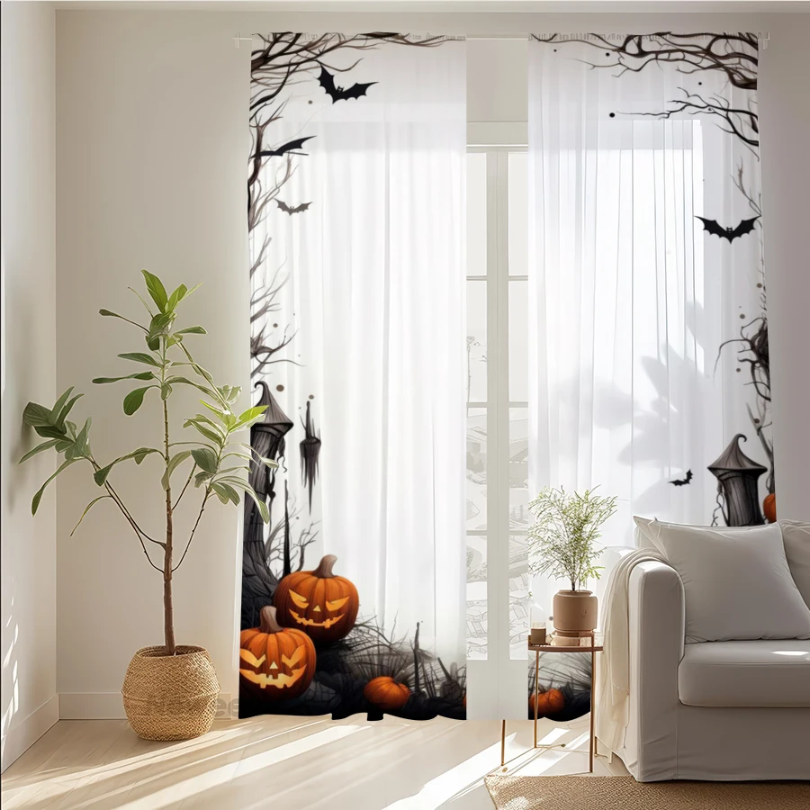 2PCS Digital Print Sheer Curtain, Spooky Dead Tree Bat Haunted House Halloween Window Drapes for Living Room Bedroom Home Decor