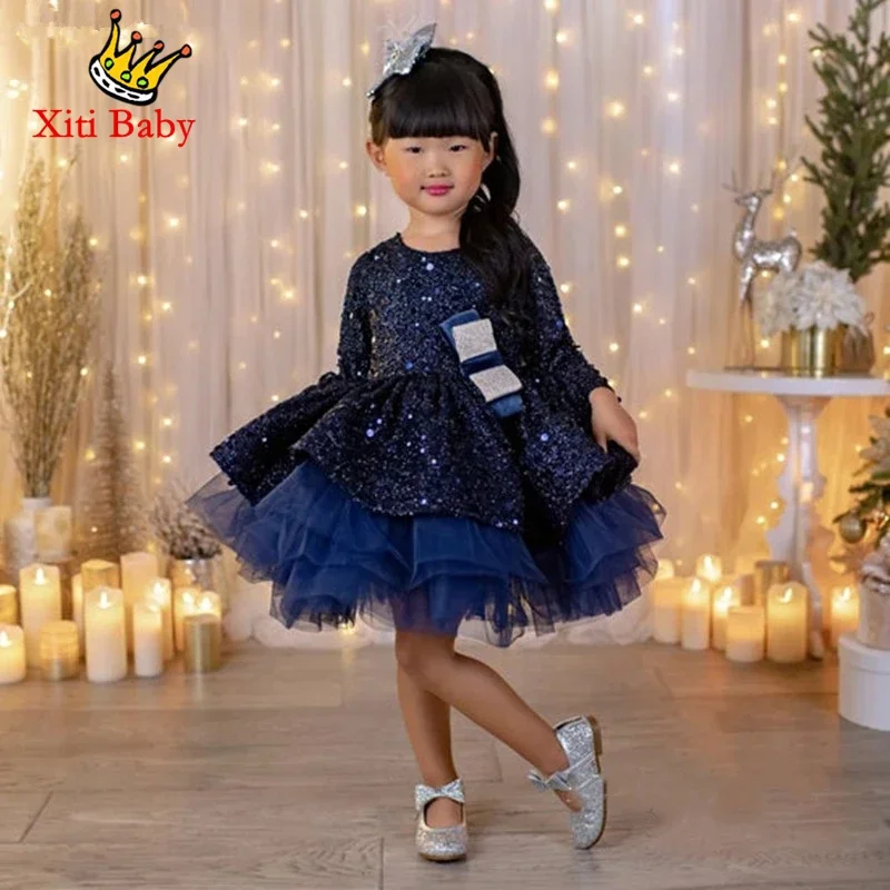 Purple Glitter Bowtie Lush Girl Party Dresses Elegant Fluffy Girl Princess Dress Shiny luxurious Birthday Wedding Dress Girl