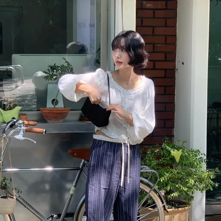 Top de mujer dulce Agel con ribete de encaje y un solo botón de burbuja Sve irt coreano Sle transpirable agradable para la piel primavera Otoño Invierno