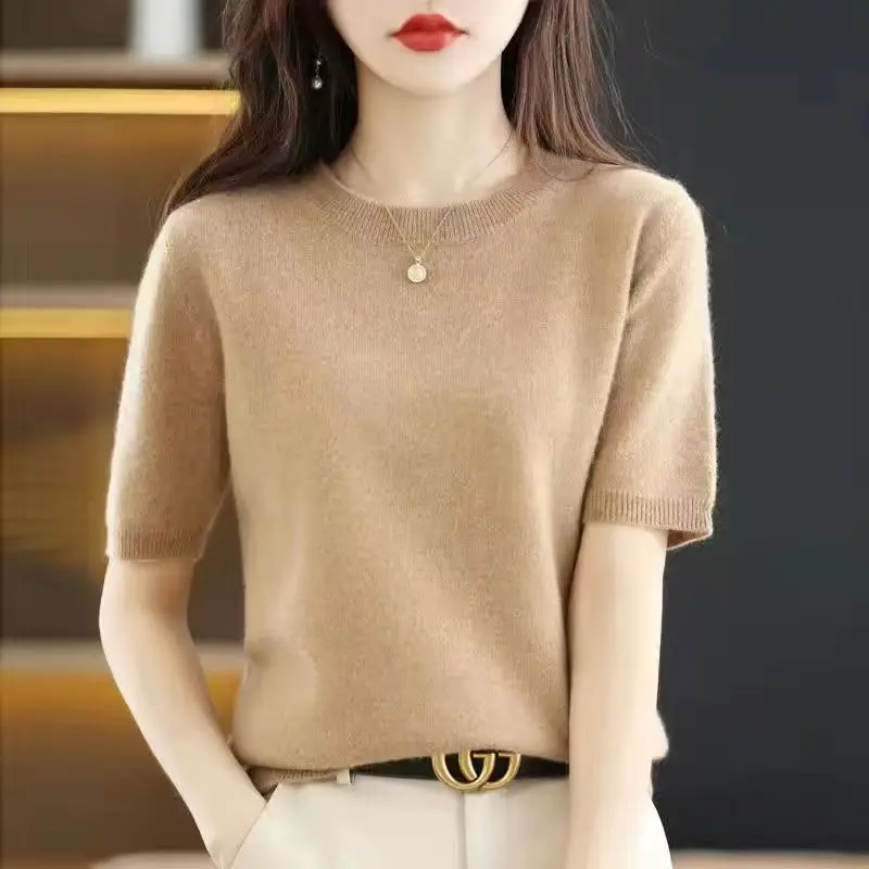 Women\'s Spring and Autumn New Fashion Elegant Solid Color Round Neck Casual Versatile Short Sleeve Loose Sweater Knitted Tops