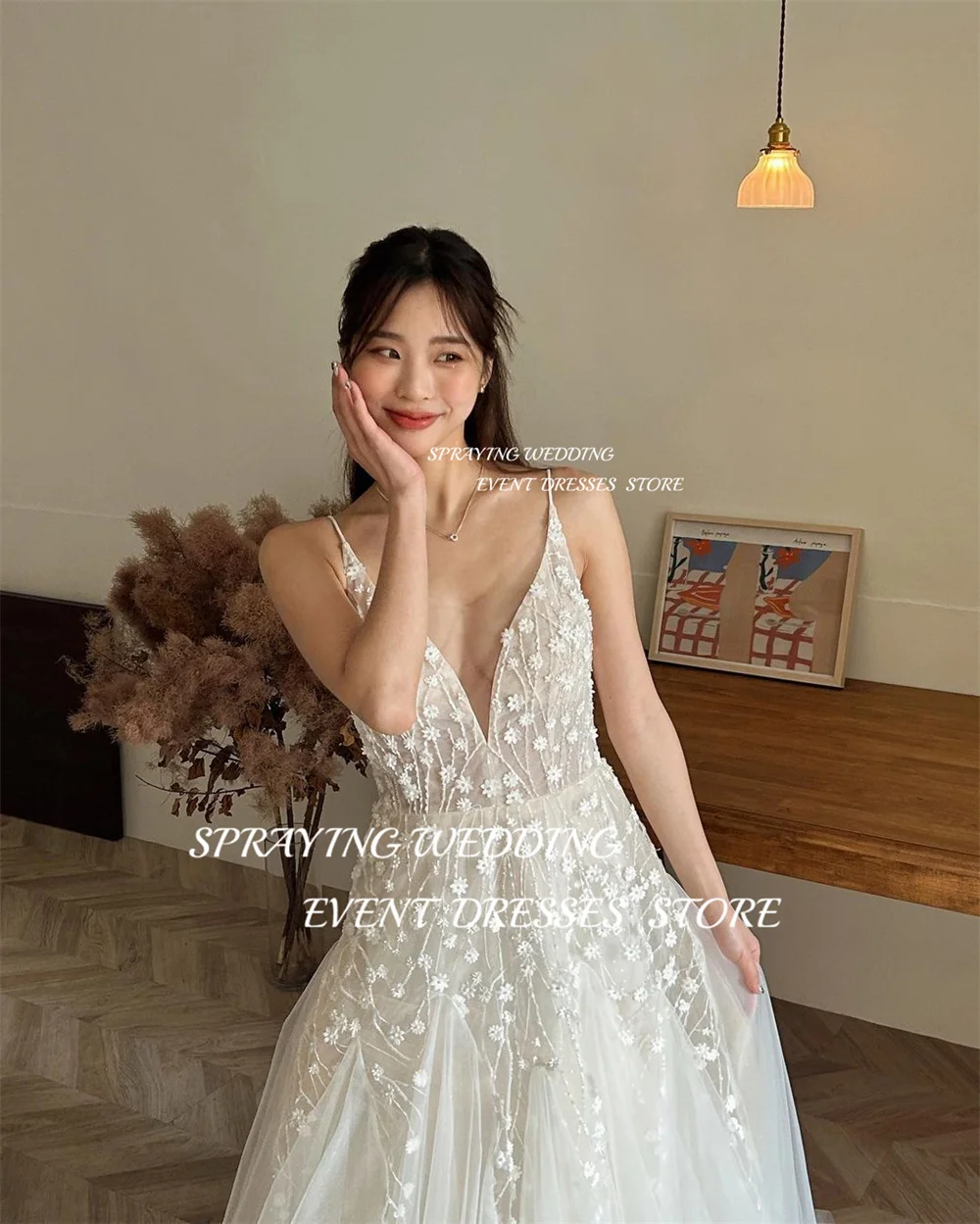 Spruzzatura principessa Spaghetti Strap corea abiti da sposa scollo a v pizzo lungo Boho abito da sposa corsetto Backless a-line abito da sposa